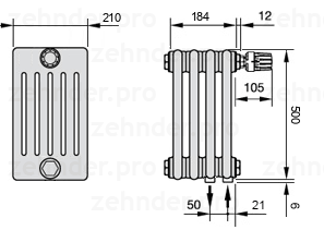 Схема (чертеж) Радиатор Zehnder Charleston 6050/4 №V002 Белый глянцевый RAL 9016